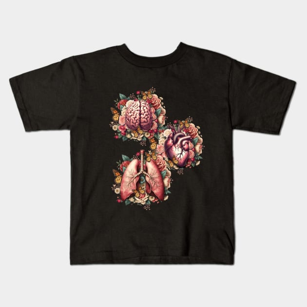 Human organs, art with vintage anatomy floral and butterflies, botany, heart, lungs and brain with floral Kids T-Shirt by Collagedream